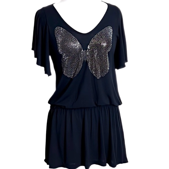 Bebe Y2K Black Butterfly Rhinestone Mini Dress Sz M Made in USA Flutter Sleeves - Picture 1 of 10
